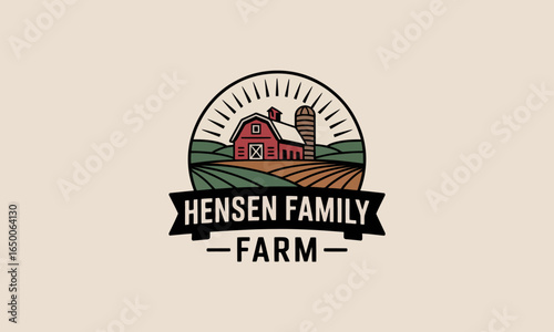 A beautifully illustrated barn on Hensen Family Farm showcasing vibrant fields, bright colors, and a peaceful rural atmosphere indicative of family farming traditions.