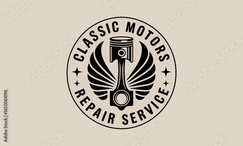 A beautifully designed logo with a central piston and wings highlights the essence of classic motors repair, combining tradition with a modern touch for a unique brand expression.