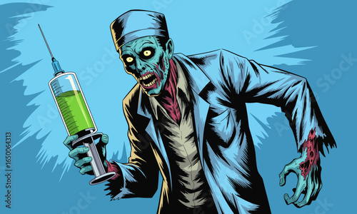 A ghoulish zombie doctor holding a syringe evokes horror and suspense, presenting a chilling image of medical malevolence in a nightmarish and surreal setting.