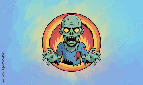 This chilling zombie figure features glowing eyes and an eerie expression, reaching out as if to grab viewers, creating an unsettling but captivating image.