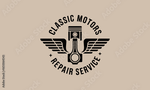 This elegant logo features a piston and wings, representing the commitment to excellence in classic automotive repair services, blending vintage style with modern finesse.