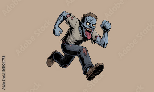 A vivid illustration of a zombie with a ghastly expression, depicted mid-run with tattered clothing, showcasing the horror and thrill of zombie-themed art in a unique style.