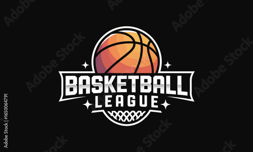 This vibrant logo design showcases a basketball with a stylized league badge, radiating energy and excitement, perfect for sports branding and promotions.