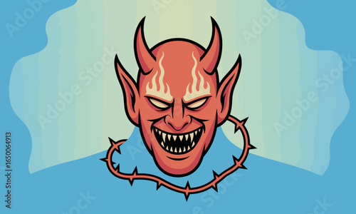 An intense cartoon devil character with horns and a thorned necklace surrounded by flames, representing power and mischief in a vividly colorful illustration.