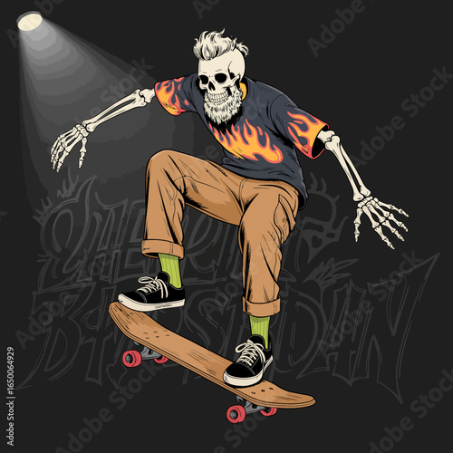 A striking image depicts a skeleton performing a skateboard trick in a spotlight, showcasing a cool urban outfit combining elements of punk and street culture with a skull theme.