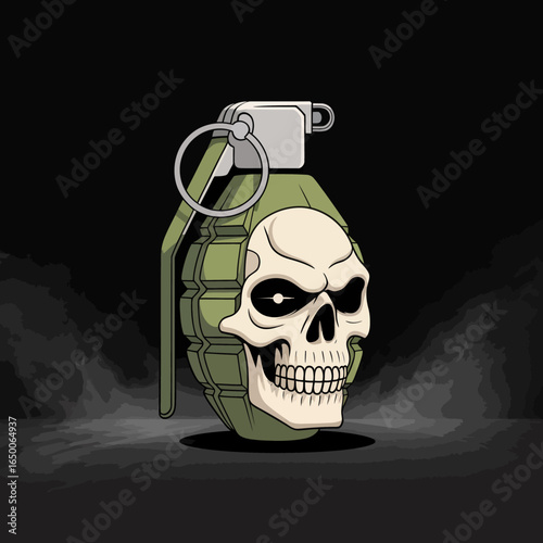 This striking image features a green grenade with a skull motif, merging themes of danger and rebellion, creating an impactful and thought-provoking visual statement.