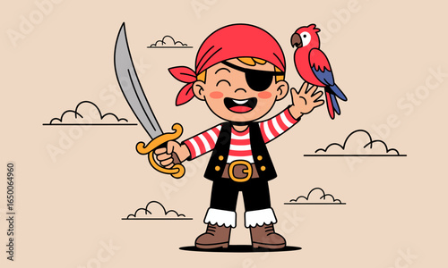 An animated pirate child enthusiastically posing with a sword and parrot, surrounded by gleaming gold coins, embodying a spirit of adventure and exuberance in a playful art style.