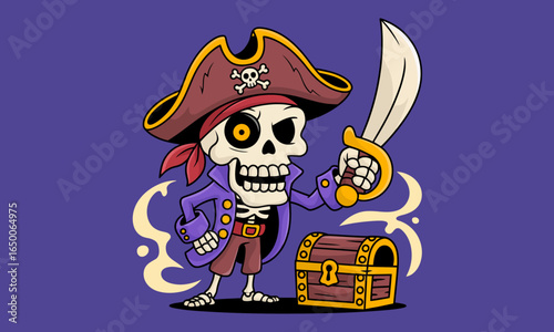 An eye-catching stylized pirate skeleton poses boldly with a sword in hand, while a treasure chest sits nearby, illustrating themes of adventure and fun.