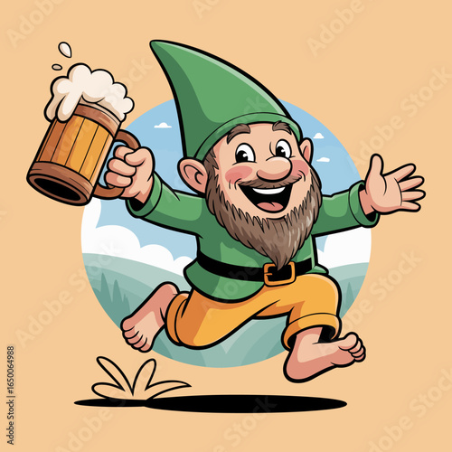 A lively gnome leaps joyfully while holding a beer mug, radiating happiness in a colorful countryside setting, perfect for depicting fun and celebration.