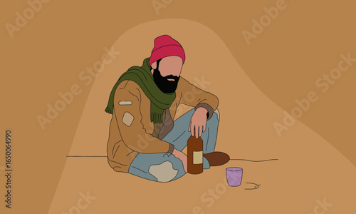 An artistic representation of a man sitting cross-legged with a bottle, embodies a reflective moment of contemplation and warmth, inviting viewers to ponder deeper meanings.