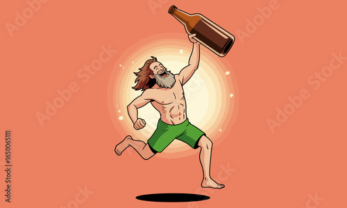 This lively image showcases an energetic character joyfully running with a bottle, representing a carefree spirit, celebration of life, and the pursuit of happiness and adventure.