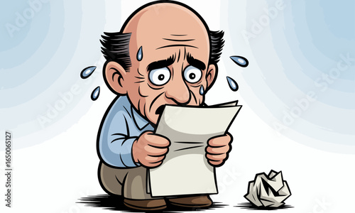 A worried elderly man sits on the floor, anxiously reading a piece of paper, showcasing his emotions of stress, disappointment, and concern for the contents he has found.