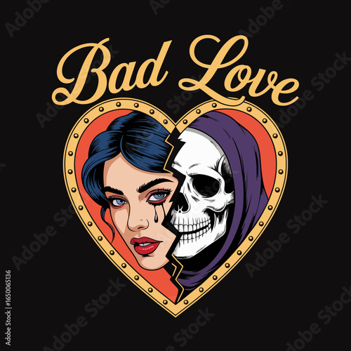 This striking artwork features a heartbroken woman and a grim reaper figure, symbolizing the complex emotions of love and loss within a bold visual narrative.