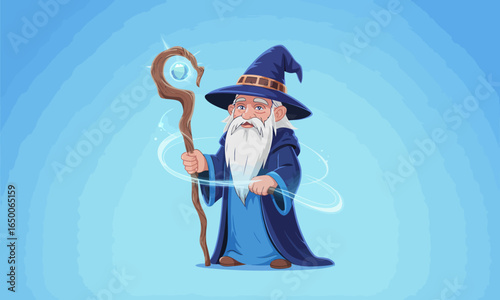 A charming wizard with a blue cloak and staff is casting a spell, creating a captivating magical experience that enchants viewers in a whimsical setting.