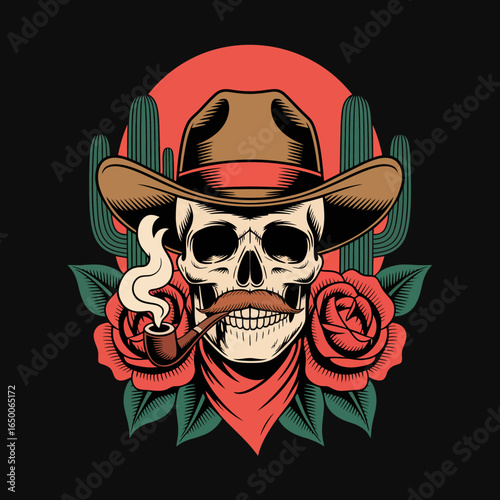 This striking illustration features a cowboy skull adorned with a pipe, a cowboy hat, and roses, merging themes of rugged masculinity and the beauty of nature in a unique design.