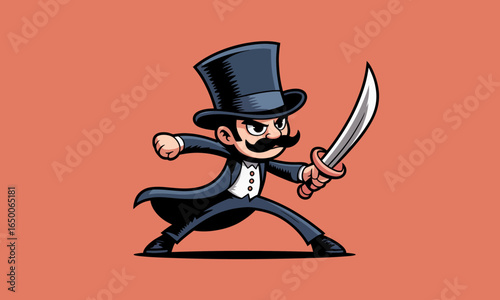 A heroic character dressed in formal wear with a top hat is depicted brandishing a sword, conveying a sense of adventure, courage, and daring undertakings ready to embark on.