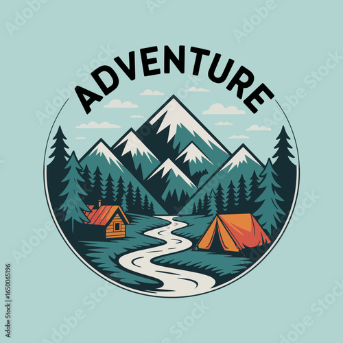 An illustrated scene showcasing a breathtaking mountainous landscape featuring a cabin, tent, and winding river, highlighting the essence of outdoor adventure and nature's beauty.