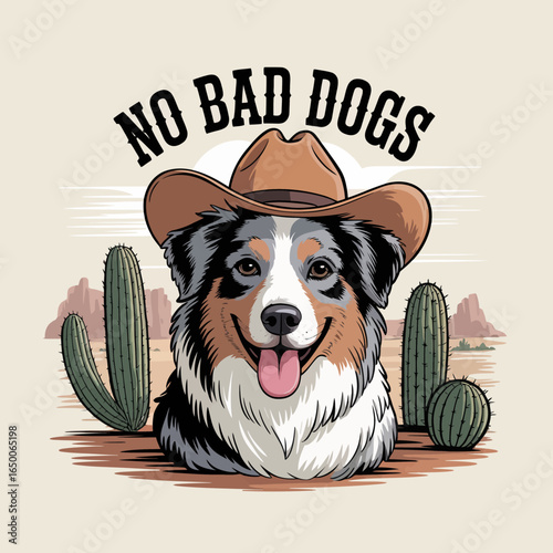 A cheerful illustration of a dog wearing a cowboy hat set against a backdrop of desert cacti, perfect for dog lovers and embracing the spirit of fun and camaraderie with pets.