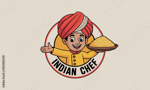 A lively cartoon Indian chef joyfully holding a platter of aromatic biryani, beautifully capturing the essence of Indian gastronomy and the delight in serving food.