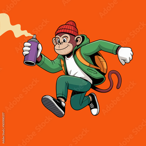 A playful monkey character sprays graffiti while running in a vibrant, orange background, showcasing urban culture and creativity through street art and energetic movement.