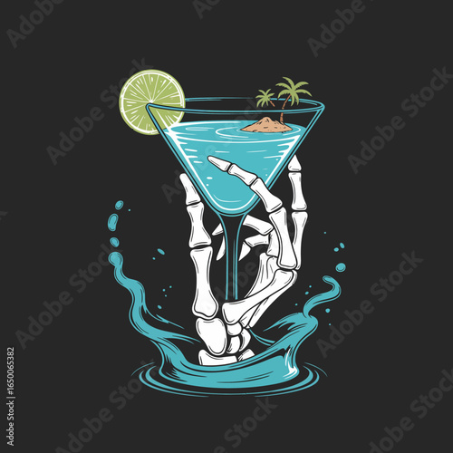 A creative skeleton hand grips a cocktail featuring a miniature sandy island and palm, evoking themes of paradise, refreshment, and a carefree atmosphere.