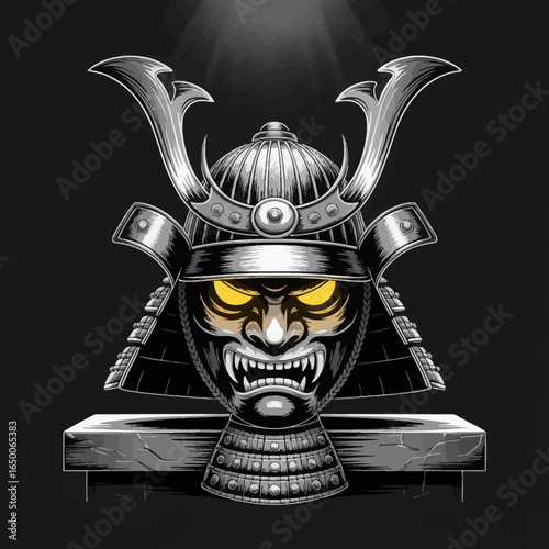 This striking artwork portrays a formidable samurai with a detailed helmet, accentuating a stoic gaze and radiating power and honor, ideal for lovers of traditional Japanese culture.