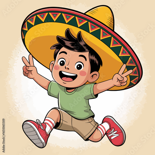 An energetic child in a large sombrero runs gleefully, flashing peace signs with his hands, capturing the essence of joy, innocence, and cultural heritage through his outfit.