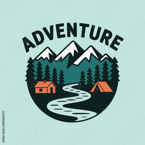 A beautifully designed illustration of mountains with a cabin, tent, and winding river that captures the spirit of adventure, exploration, and the great outdoors in artistic style.