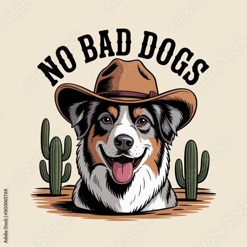 A delightful portrait of a friendly dog adorned with a cowboy hat set amid desert cacti, embodying the playful spirit of pets and their connection to nature and adventure.