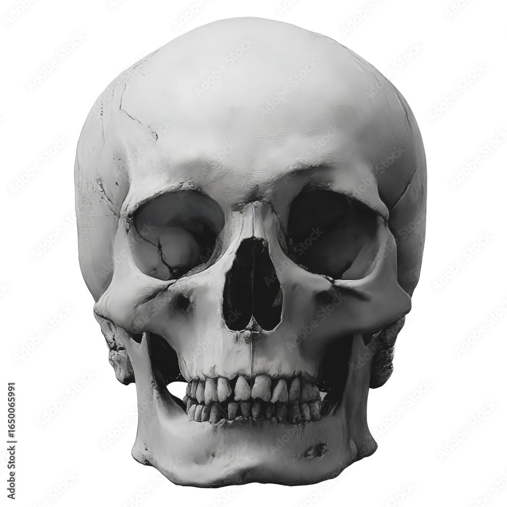 Obraz premium Human Skull Anatomy: An intricately detailed human skull presents a stark yet fascinating look into human anatomy. The close-up perspective emphasizes the textures and contours of the bones.