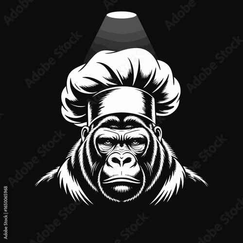 An engaging stylized portrayal of a gorilla chef under a dramatic spotlight, emphasizing its intense expression and dedication to the art of cooking.