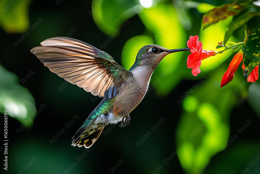 Fototapeta premium Wild Hummingbird Feeding on Scarlet Flower in Green Foliage