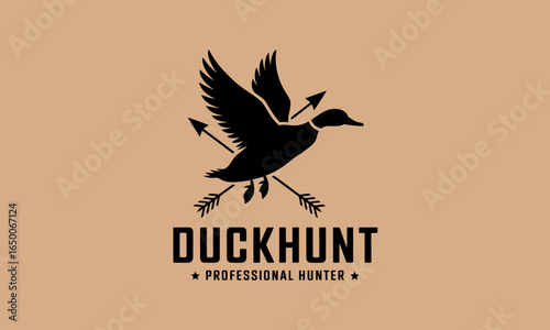 A dynamic logo design featuring a flying duck and arrows below, ideal for representing a hunting brand that emphasizes excitement, skill, and adventure in the outdoors.
