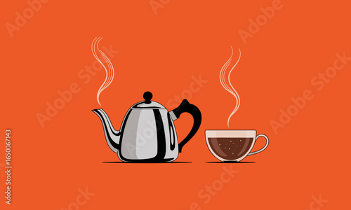 A polished teapot and cup filled with steaming hot coffee demonstrate the beauty and simplicity of home dining, inspiring feelings of warmth and sharing.