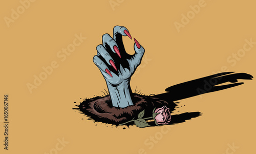 An imaginative depiction of a zombie-like hand clawing through the dirt, holding a rose, blending horror with an unexpected touch of beauty and symbolism.