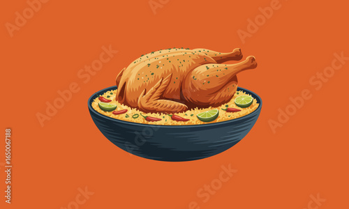 An artistic depiction of a roasted chicken resting on a bed of seasoned rice, decorated with lime and chili, highlighting a sumptuous feast of flavors and cultures.