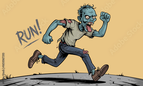 This dynamic image features a cartoonish zombie sprinting urgently, showcasing its tattered clothing and eerie expression, embodying the themes of fear and urgency.