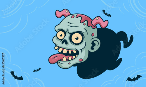 This image portrays a cartoon zombie head with bat silhouettes and a shadow, creating an intriguing fusion of horror and comic style in an atmospheric setting.