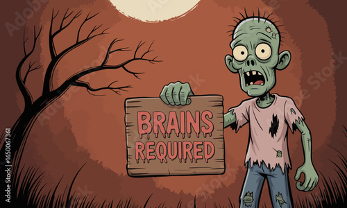 A cartoon zombie stands holding a sign that demands brains, set against a spooky background with a large moon, emphasizing a humorous take on the classic horror theme.