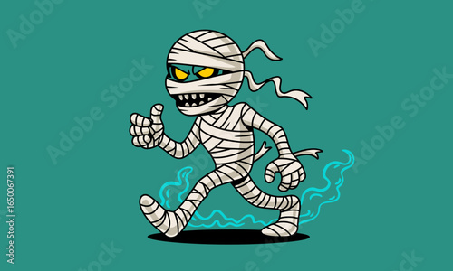 A vibrant cartoon mummy character running energetically, showcasing bright colors, playful design, and a fun appearance that appeals to fans of spooky and cute art.