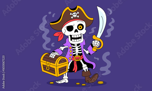 This joyful skeleton pirate stands proudly with a treasure chest full of coins, embodying the thrill of discovery and adventure suited for vibrant and playful narratives.