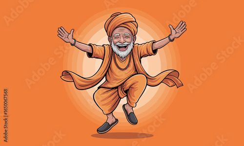 This image depicts a joyful sage character in vibrant orange attire, radiating positivity and cheerfulness with open arms, set against a warm background.