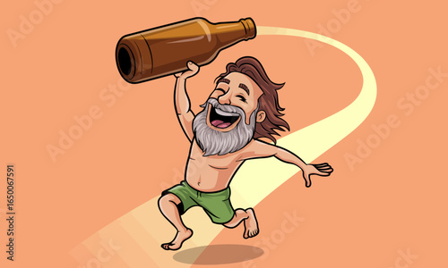 A cheerful, bearded man joyfully runs with a beer bottle, showcasing his carefree spirit. The vibrant colors evoke a sense of fun and celebration in a playful style.