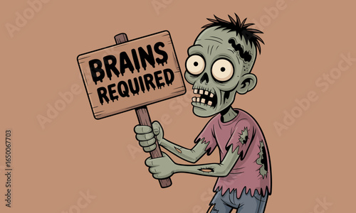 This cartoon zombie exclaims for brains while holding a sign, showcasing its eerie features and tattered clothes, merging horror with a playful, comical style.