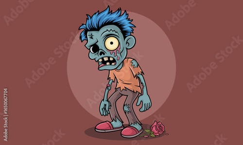 This cartoon zombie boy, holding a wilted rose, combines elements of sadness with humor in a vivid and whimsical illustration, capturing the essence of a haunting character.