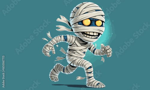 This lively cartoon mummy, glowing with blue flames, captures attention with its cheerful expression and animated pose, perfect for Halloween-themed art and design.