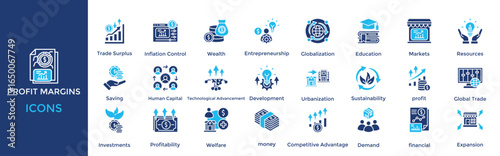 Profit Margins icon set. Containing  Wealth, Entrepreneurship, Globalization, Education, Markets, Resources, Saving