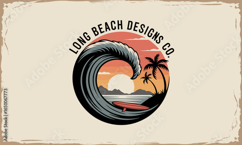 A stunning surf wave crashes against the shore during a vibrant sunset, surrounded by palm trees and distant mountains, encapsulating a serene beach atmosphere perfectly.