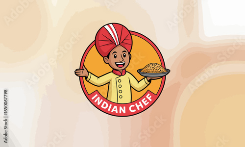 An animated Indian chef wearing traditional attire presents a platter of biryani, portraying the rich tradition and joy associated with Indian cooking and hospitality.