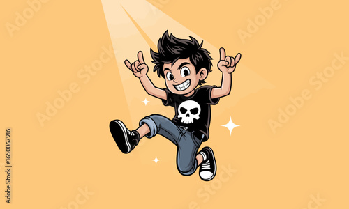 The image shows an energetic boy leaping in joy with a rock hand sign, showcasing a lively spirit and positive energy in a colorful and playful illustration style.